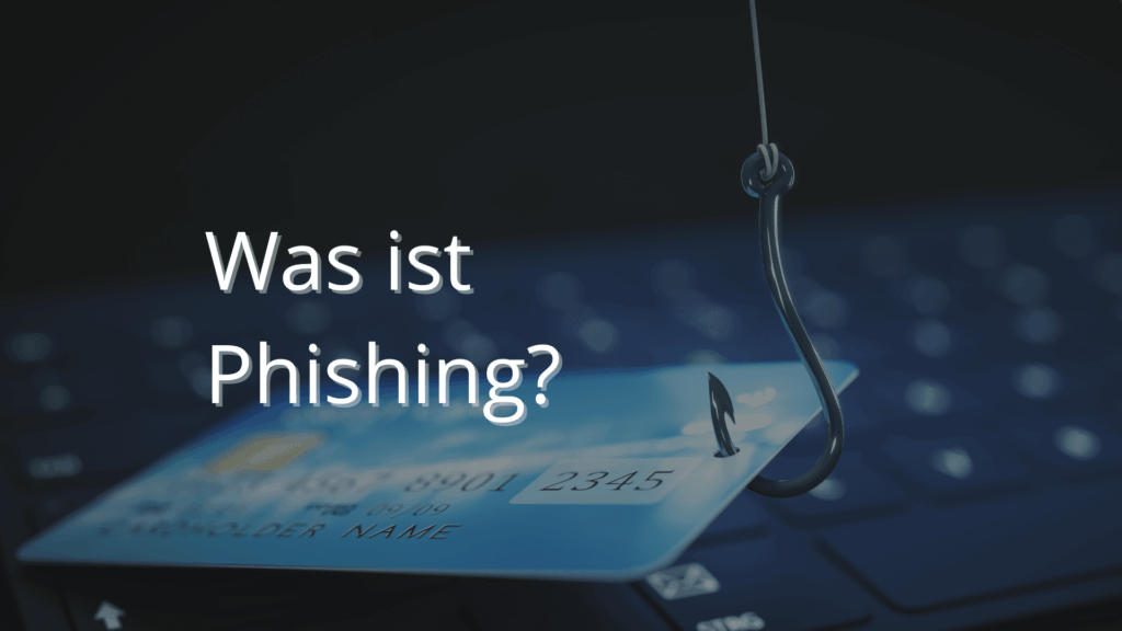 Haken der durch eine Kreditkarte gezogen ist vor einem Keyboard und Aufschrift Was ist Phishing?