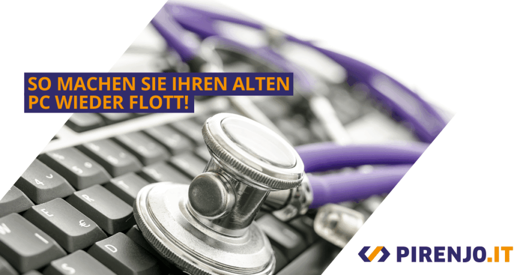 Laptop mit Stethoskop zeigt wie man alten PC wieder flott macht.
