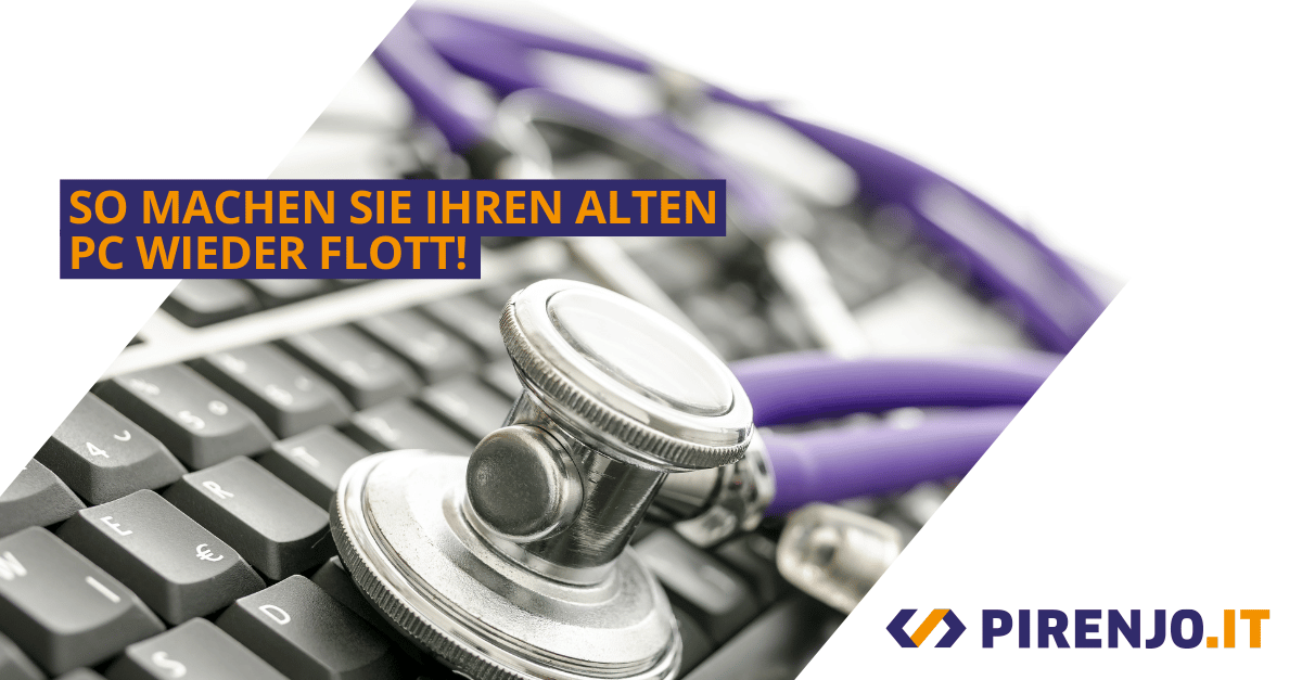 Laptop mit Stethoskop zeigt wie man alten PC wieder flott macht.