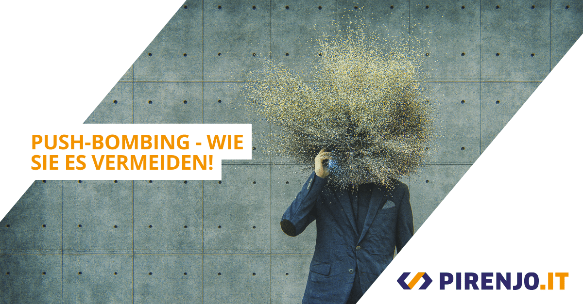 Explodierender Kopf eines Mannes mit Smartphone symbolisiert Push-Bombing.